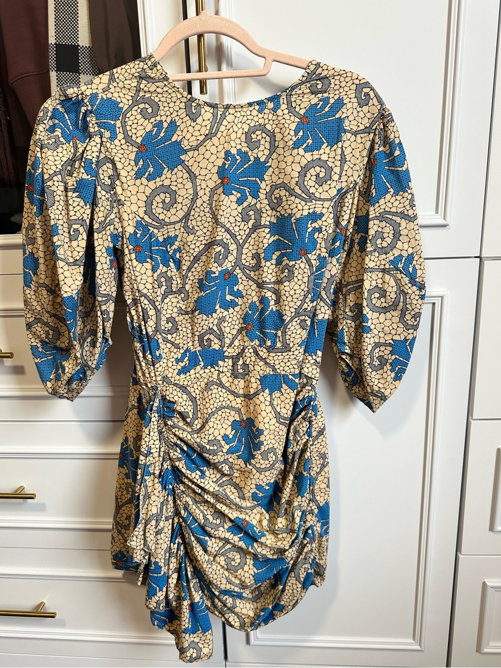 RHODE Pia Mini Dress Beige Mosaic Bloom Size 2 Cotton Puff Sleeve Ruched - Picture 5 of 10